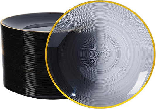 100PCS Transparent Black Gold Plastic Plates, 10 Inch Heavy Duty Disposable Dinner Plates with Gold Rim, Round Party Plates for Wedding, Party, Camping, Picnic, Birthday