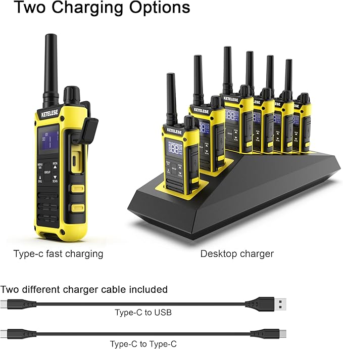 T3F IP67 Waterproof Walkie Talkies, Rugged Two Way Radio with Earpiece, Triple Proof, Three Charging Options, FRS 2 Way Radio, NOAA, VOX (6 Pack), Black/Yellow