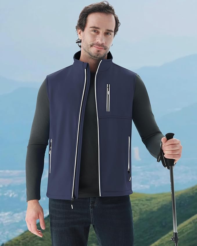 WULFUL Men's Windproof Lightweight Golf Vest Outerwear with Pockets, Softshell Sleeveless Jacket for Travel Hiking Running