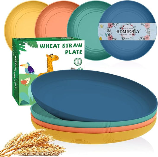 Homienly Premium Wheat Straw Plates Unbreakable Deep Dinner Plate Set Alternative to Plastic Plates Reusable 9 Inch Dishwasher & Microwave Safe for Kitchen Plate 4 PCS - Multi Colors