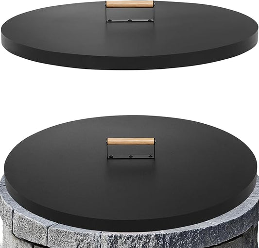 Fire Pit Lid Round 30", Heat Resistant Metal Firepit Cover with A Wooden Handle for Round Patio Fire Pit, Compatible for Firepits Inside Dia Up to 28"