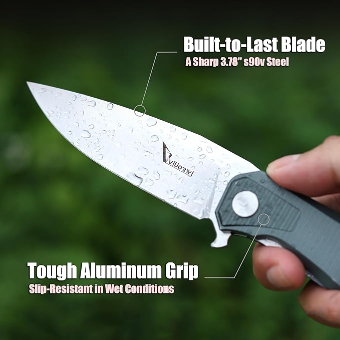 Tactical Folding Knife – 3.78" S90V Steel Blade, EDC Pocket Knife with Liner Lock & Aluminum Handle, Outdoor Knife for Men, Camping, Survival, Everyday Carry