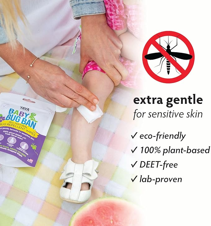 YAYA ORGANICS Baby Bug Ban Spray + Wipe Bundle - All-Natural Repellent Made with Essential Oils for Babies, Little Kids and Sensitive Skin (4 Ounce Spray + 12-Pack Wipe)