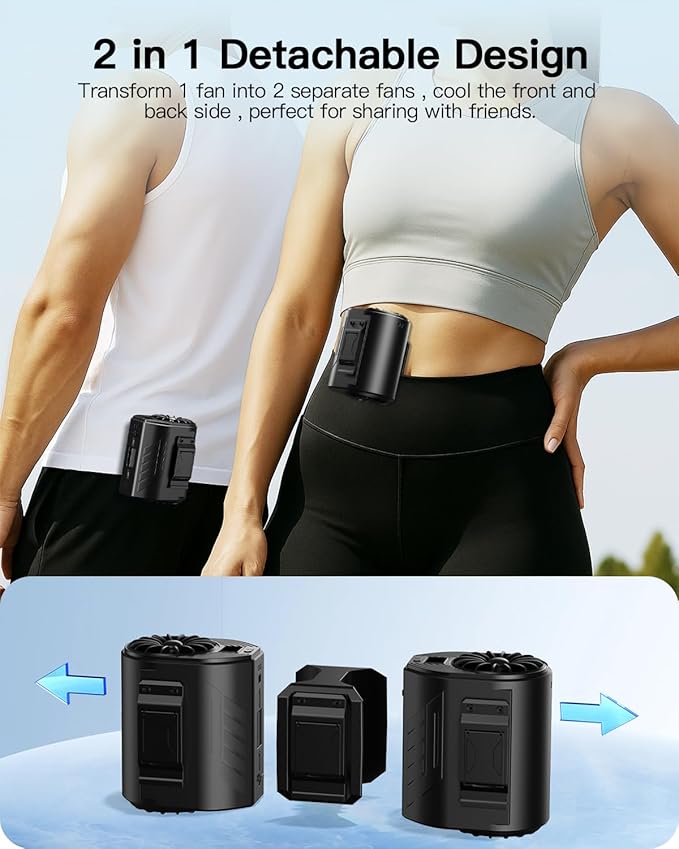 Portable Waist Fan Rechargeable, Detachable Dual Motors Personal Fans 5 Speeds 20000RPM Strong Airflow, 10000mAh 24H Runtime, Portable Neck Fan, Waist Belt Clip Fan for Outdoor, Camping (Black)
