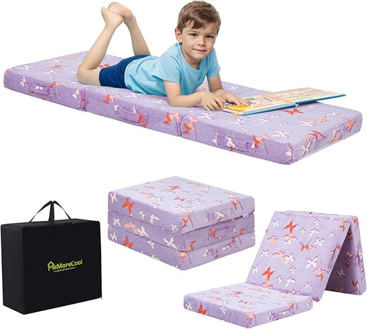 MeMoreCool Foldable Floor Mattress for Kids, Glow Butterfly Toddlers Trifold Nap Mat, Kids Folding Mattress Portable Sleeping Futon for Daycare or Floor Bed, 57x22 Inch Purple