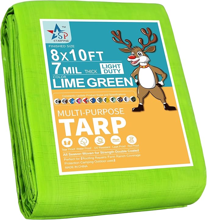 7 Mil Lime Green 8x10 Feet Tarp -Multifuctional Poly Tarp - Cover,Waterproof, UV Resistant, Weather Resistant