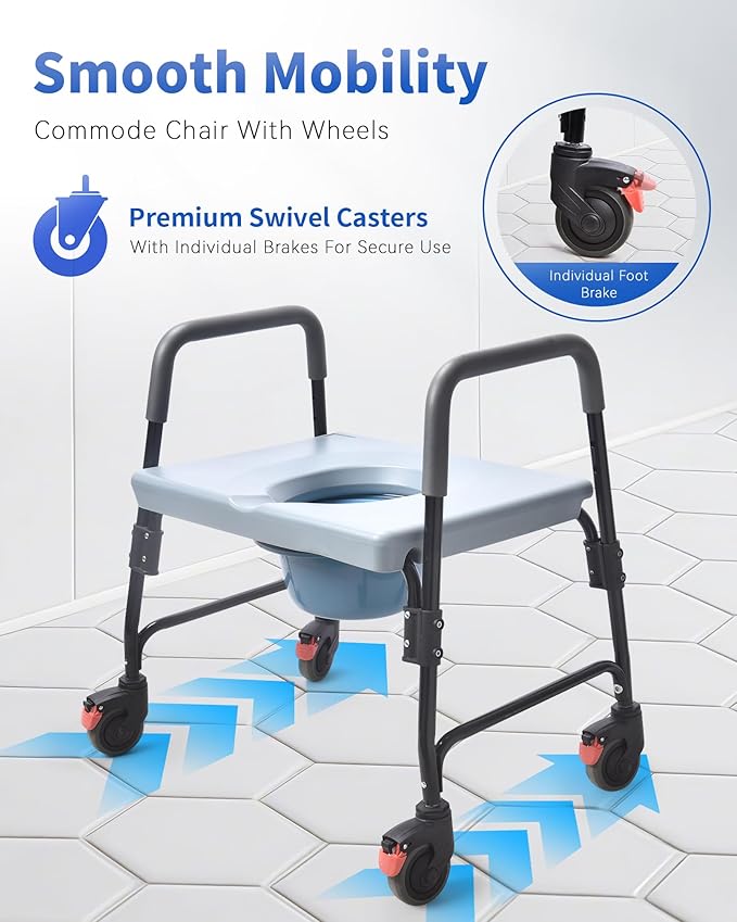 Sangohe Bedside Commode, Portable Toilet for Elderly, Rolling Commode with Wheels, Rear Locking Wheels, Bariatric Bedside Commode, 7-qt Commode Bucket Included, Extra Wide Seat, 601A