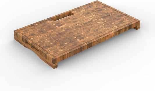 EcoDecors, Teak End Grain Cutting Board 29"x18", Solid FSC Teakwood Carving Board with Juice Groove, Handles & Waste Disposal, Butcher Block Cutting Board for Kitchen, BBQ, and Stove-Top Prep