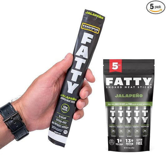 FATTY Meat Sticks, Made with Grass Fed Beef, Pork Raised Without Antibiotics, 13g Protein Per Stick, Jalapeno, 2 oz. (Pack of 5)