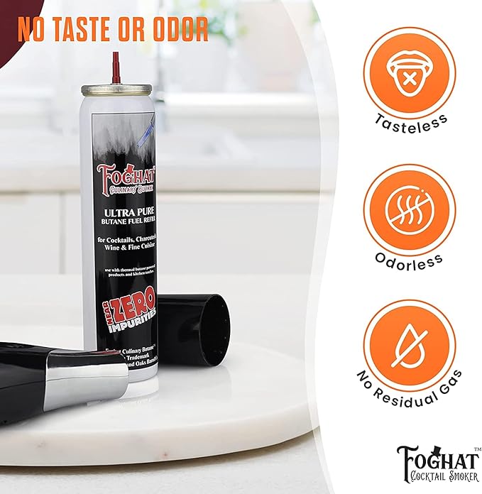 Foghat Culinary Butane Fuel Refill (Case pack 12 x 60ml) - Torch Lighter Butane Refill Canister, Fits All Kitchen Smoking Torches - Food Grade Ultra Refined For Cocktail Smoker Kit, Creme Brulee Torch