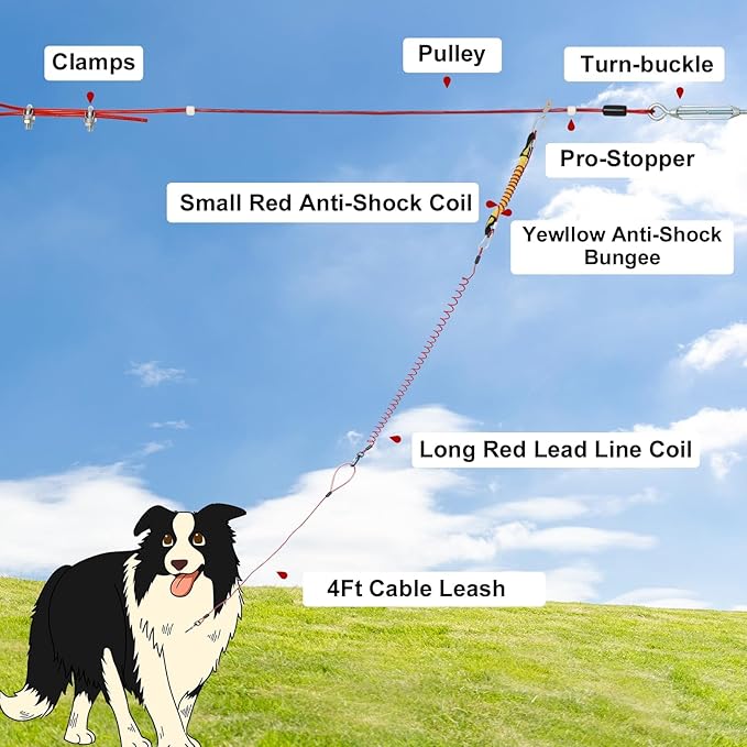 Runner for Yard, Anti-Shock Trolley System 50/75/100/150/200FT, Heavy-Duty Aerial Run Cable With Bungee for Small to Large Dogs up to 300lbs, Outside Zip Line for Backyard, Camping, Park