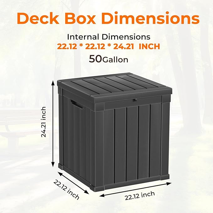 48 Gallon Outdoor Storage Box, Waterproof Resin Deck Box for Patio, Pool, and Garden, Lockable Bin for Cushions, Tools, and Accessories, UV-Resistant, Black
