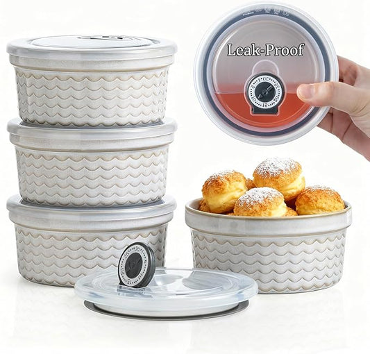 12 oz Ramekins with Lids Airtight Ceramic Storage Containers with Lids for Meal Prep/Moving/Freezer/Oven, Creme Brulee Ramekin Sets with Covers for Leftovers, Baking, Cooking, Beige Ripple