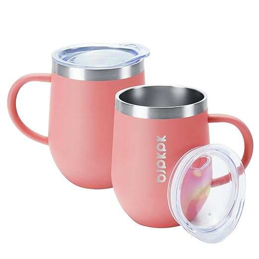 BJPKPK 2 pcs Insulated Coffee Mug, 12 oz Stainless Steel Insulated Coffee Tumbler with Lid for Hot Drinks & Cold Drinks-Light Pink