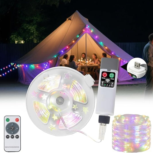 Moobibear Camping String Lights, Quick Storage, 99FT/300LED RGB Rechargeable Tent Lights String with USB 8 Lighting Modes, Hanging Waterproof Portable LED Lamp for for Camping Essentials, Yard, Party