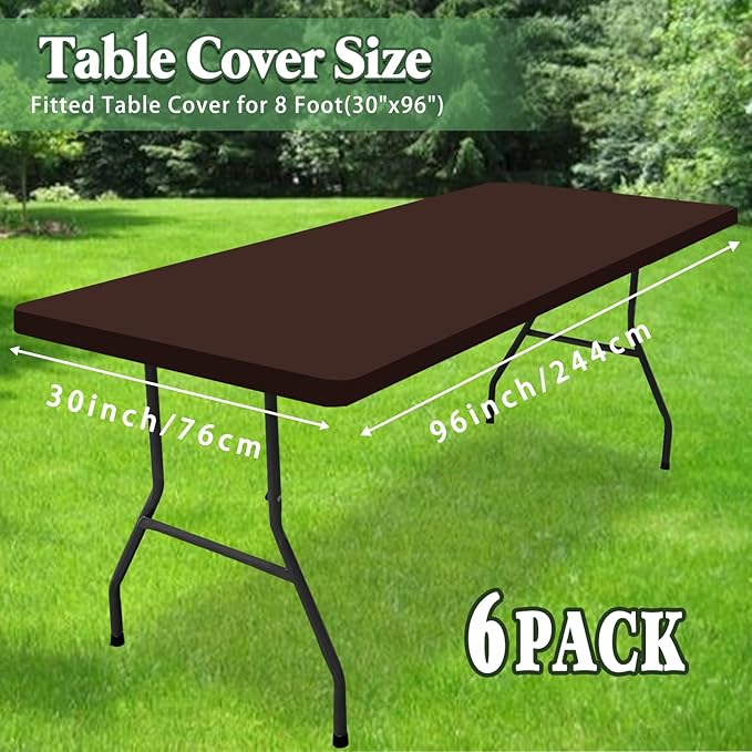 6 Pack Picnic Table Cover Fitted 8 Foot Tablecloth for Rectangle Tables Elastic Waterproof Stretch Washable Patio Folding Outdoor Spandex Table Cloth for Camping Banquet and Parties (Coffee 30" x 96")