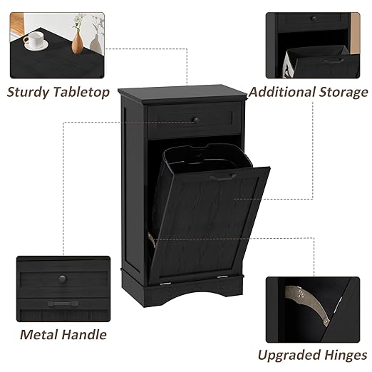13 Gallons Tilt Out Trash Cabinet Freestanding Kitchen Trash Bin Cabinet Wood Garbage Recycling Cabinet with Hideaway Drawer Pet Proof Trash Can Holder for Kitchen Living Room, Dark Black