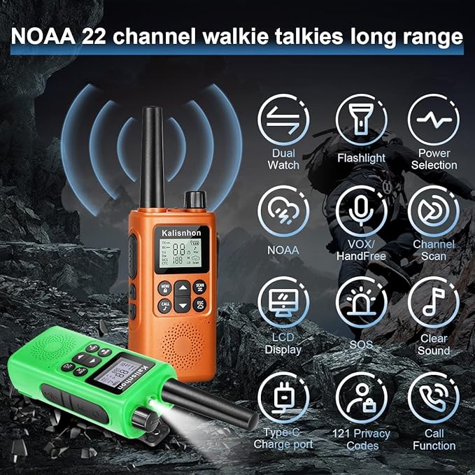 Walkie Talkies Long Range with Call Alert NOAA Dual Watch Flashlight LCD Display VOX 22 Channels, Walkie Talkies for Adults with Charging Dock and Earpieces Li-ion Battery（2 Pack）