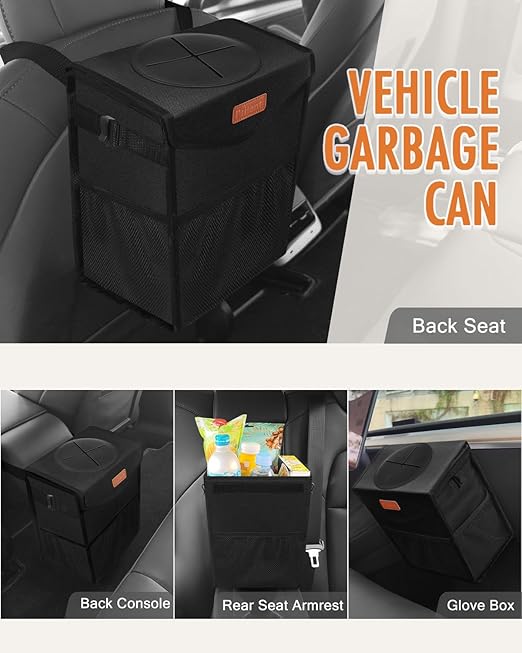 Car Trash Can with Lid, Cute Leakproof Car Trash Garbage Bag Hanging Vehicle Trash Bin Small Portable Automotive Garbage Cans Organizer for Back/Front Seat/Console(Trapezoid,Black)