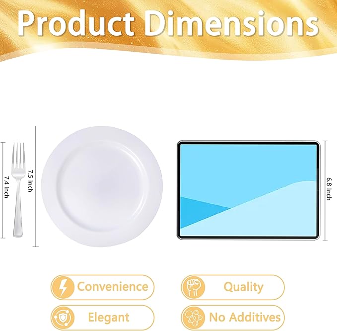 WELLIFE 100 Pieces White Plastic Dessert Plates with 100pcs Silver Disposable Forks, Premium Hard Salad Plate 7.5”, Appetizer Plastic Plates for Wedding, Party