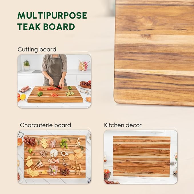 BEEFURNI Teak Wood Cutting Board with Hand Grip (XL, 24x17x1.5"), X-Large Wooden Cutting Board for Kitchen, Chopping Board Wood, Butcher Block, Charcuterie Board, Christmas Gifts, 1-Year Warranty