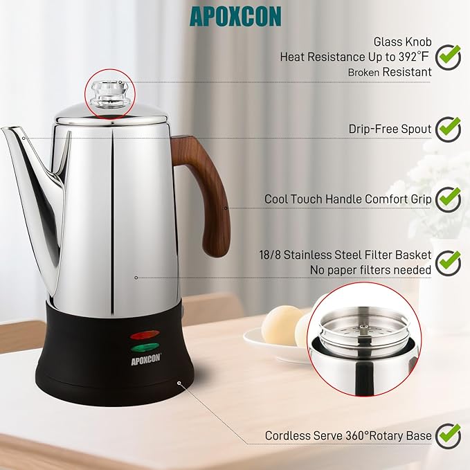 Electric Coffee Percolator Stainless Steel Coffee Maker with Two Heat Resistant Glass Knob & Treated Solid Wood Handle Keep Warm Cordless Serve Elegant Design Coffee Pot On/OFF Switch 8 Cup