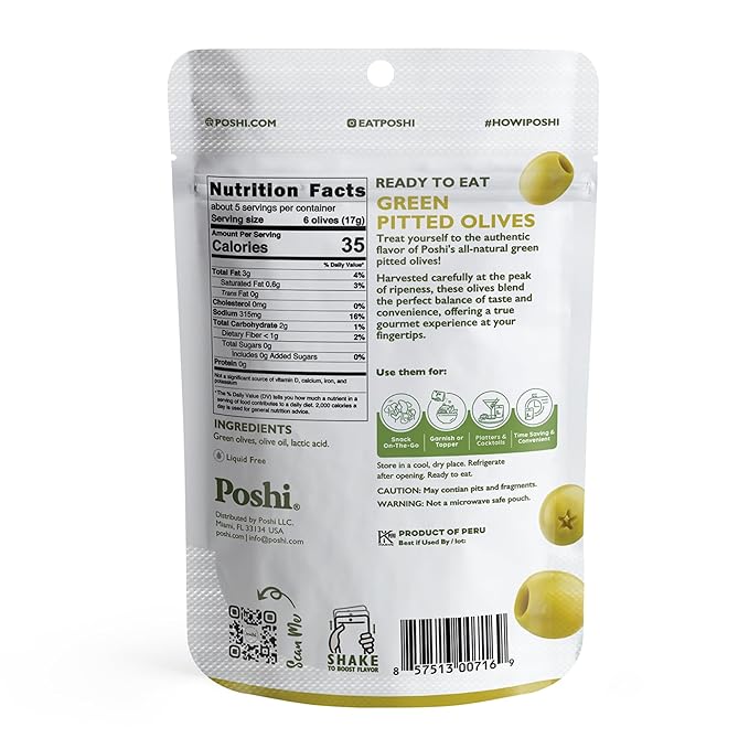 Poshi Green Olives On-The-Go - Original Flavor - Single Serve Pitted Olives - Convenient and Healthy Snack Packs - All Natural, Non-GMO, Kosher, Gluten-Free - 3 Oz Bags (6/Pack)