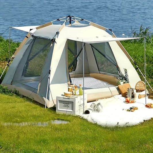 3-4 Person Family Camping Tent with Canopy, Quick Setup Windproof All-Season Tent, UV Protection & Mosquito Net, Portable Outdoor Tent for Beach, Mountains, Picnics - Beige