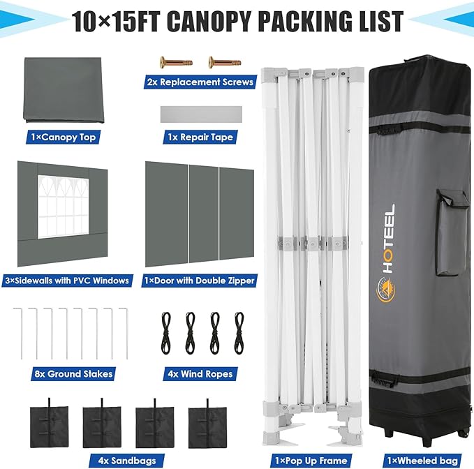 HOTEEL Canopy Tent 10x15 Heavy Duty Pop Up Canopy with Sidewalls, Party Tent with Roller Bag for Event Wedding, Upgraded Commercial Waterproof Instant Canopy, Thick Hexagonal Legs, UPF50+, Gray