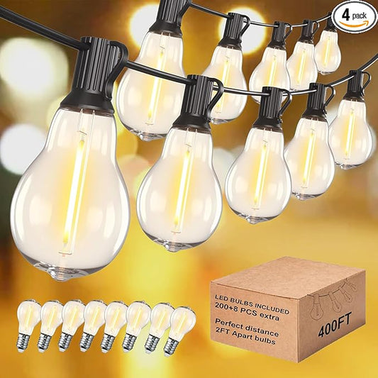 Outdoor String Lights 400FT(4x100) Patio Lights with 208 (8 Spare) Shatterproof Bulbs, String Lights for Outside Waterproof Hanging for Party,Wedding,Yard, Porch, Bistro, 2200K, Black Cord