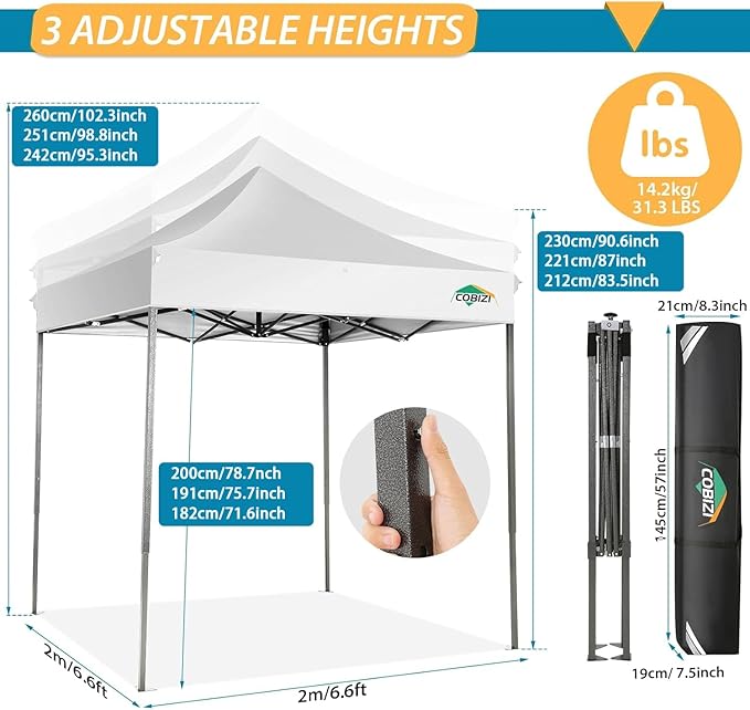 COBIZI 6.6x6.6 Pop Up Canopy Without Sidewall,Heavy Duty Canopy UPF 50+ All Season Wind Waterproof Commercial Outdoor Party Tents for Parties Canopy Gazebo with Storage Bag(6.6 x 6.6 ft White)