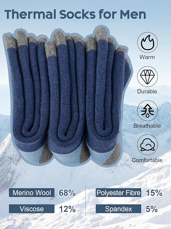 Senker Fashion Merino Wool Hiking Socks for Men, Warm Crew Socks W/Cushion Moisture Wicking for Trekking Work Outdoor