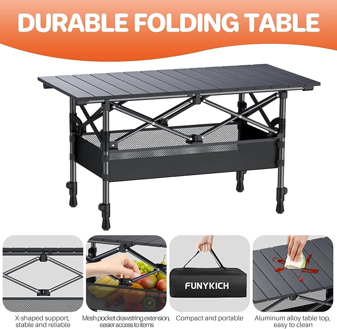 FUNYKICH Folding Camping Table(L32.3''xW15.7''), Aluminum Roll-up Portable Picnic Table with 2 Adjustable Height, Large Storage and Carrying Bag for Picnic, Camping, BBQ, Party, Backyard, Beach