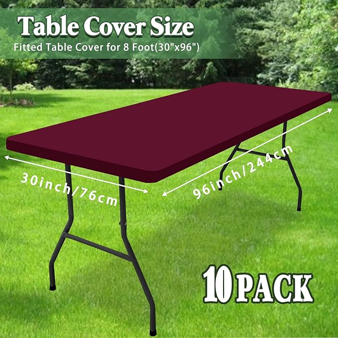 8 Foot Picnic Table Cover Fitted 10 Pack Elastic Tablecloth for Rectangle Tables Waterproof Stretch Washable Folding Indoor Outdoor Spandex Table Cloth for Parties Banquet Camping (Wine Red,30" x 96")