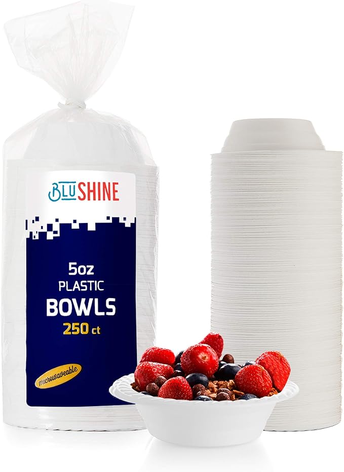 250 Pack- 5 Oz Disposable Plastic Bowls Plates - Strong and Sturdy - Heat-Resistant and Soak-Proof - Does Not Melt or Cave in Microwave - Heavy Duty BPA-Free Plastic