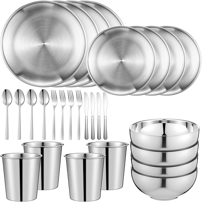 Jinei 304 Stainless Steel Dinnerware Set 10 Inch 7 Inch Stainless Steel Plates Bowls Cups Forks Spoons and Knives Sets Reusable Metal Camping Dinnerware for Home Outdoor Picnic Kitchen