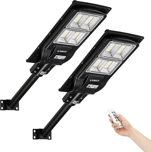 LANGY 2 Pack Solar Street Light 180000Lumens,240 LED Street Lamp with Light Control&PIR Motion Sensor, Dusk to Dawn LED Security Light Solar Flood Light for Square,Yard,Basketball Court