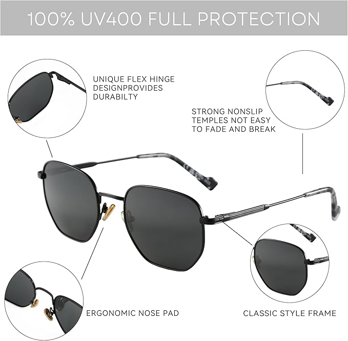 ZENOTTIC Hexagon Polarized Retro Sunglasses for Men Women-Vintage Metal Frame Design UV Protection Trendy Fashion Shades