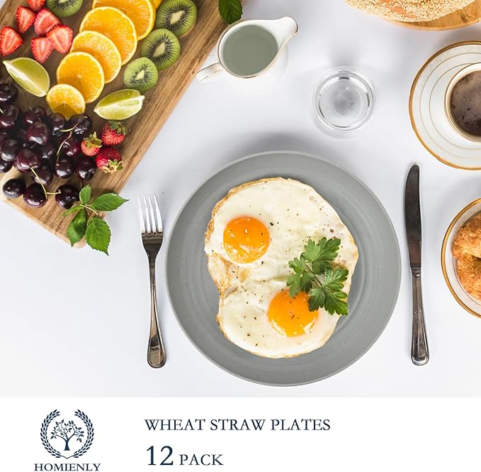 Homienly Wheat Straw Dinner Plates Set of 12 - Microwave & Dishwasher Safe - Unbreakable Kids Plates (Grey, 9 inch)