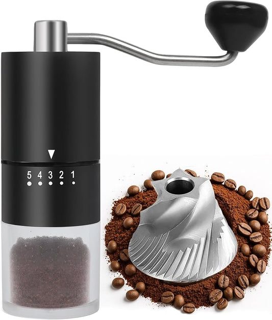 Stainless Steel Burr Manual Coffee Grinder For Drip,French Press,5 Adjustable Settings,Hand Maker with Built-In Burr,For Home Use and Camping (Stainless Steel burr-Black)
