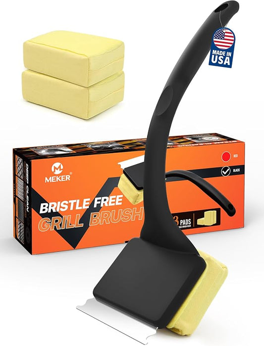 MEKER Grill Brush Bristle Free, Grill Cleaner Brush with 3 BBQ Replacement Head, Seamless Scraper Tool for Cast Iron, Stainless Steel Grates, Safe Grill Scraper Outdoor BBQ Grill, Black