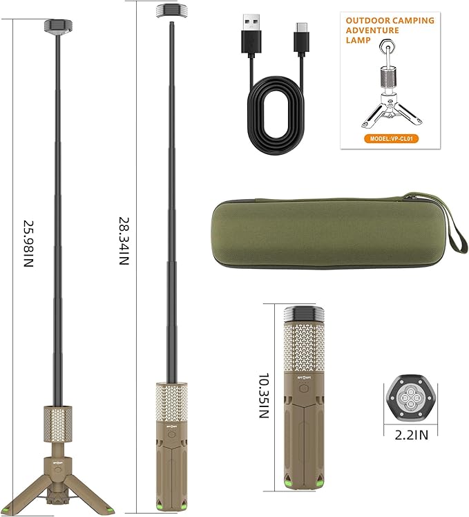 Telescopic Camping Light, Portable Collapsible Magnetic Camp Lantern Rechargeable,10500mAh Telescoping IP67 Waterproof Flashlights, Outdoor Gear for Emergency, Camping, Hiking (Khaki)