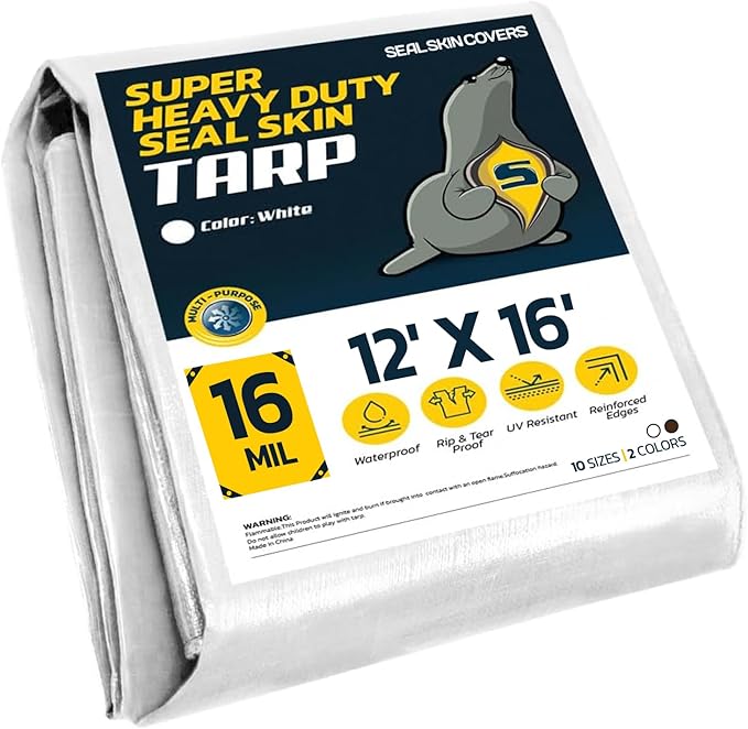 Seal Skin Covers Heavy Duty Waterproof Tarp 12 x16 FT, 16 Mil 8 OZ 160 GSM Thick White Poly Tarp with Rustproof Grommets, Tear-Proof Cover with Reinforced Edges for Camping, Pool, Canopy Use