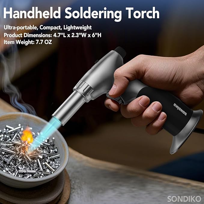 Sondiko DUAL Style Flame Butane Torch Lighter, Adjustable Flame Size Butane Lighter, Refillable Blow Torch with Continuous Flame Lock for Creme Brulee, Cooking(Butane Gas Is Not Included)