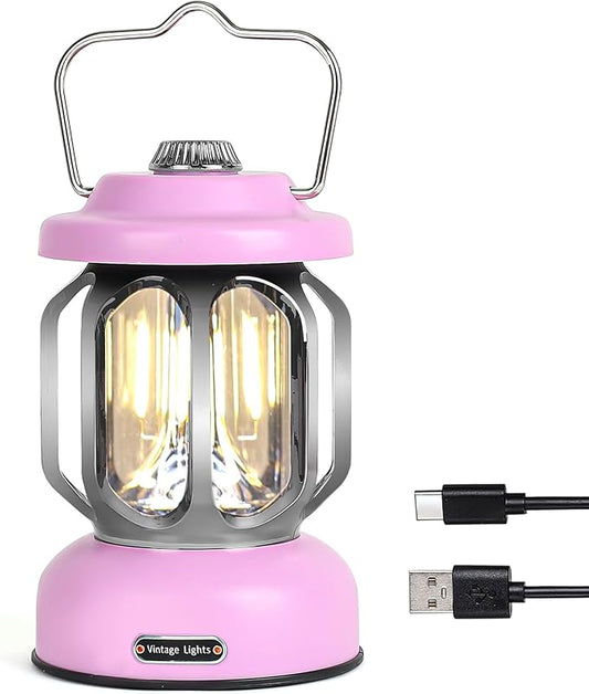 Rechargeable LED Camping Lanterns, 2000mAh Vintage Camping Lights Battery Operated Rechargeable , Hanging Retro Metal Hiking Tent Lamp for Emergency, Hurricane,Decoration,Home, Pink, 1 Pack