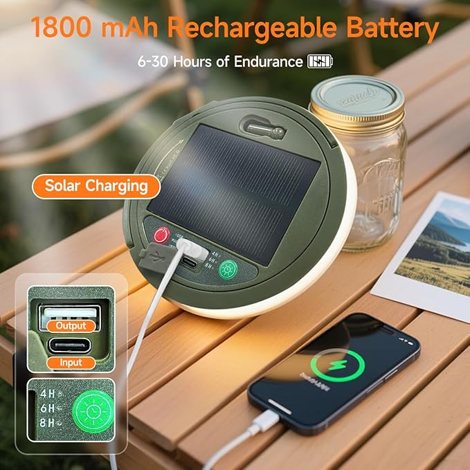 33FT Solar Camping String Lights, Rechargeable String Lights with 8 Modes, Waterproof Outdoor Lights with Delay Closure, Retractable Design & Hooks for Outdoor Patio Awning Garden Party Essentials