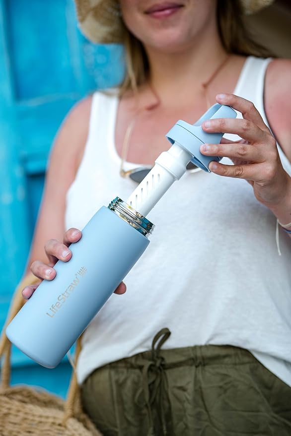 LifeStraw Go Series – Insulated Stainless Steel Water Filter Bottle for Travel and Everyday Use, Removes Bacteria, Parasites and Microplastics, Improves Taste, 18oz Kyoto Orange