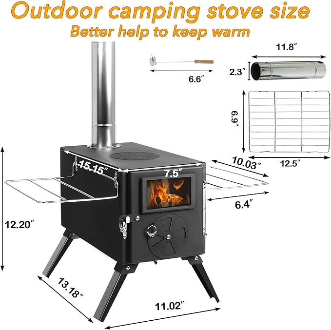 Portable Wood Burning Stove for Camping, Stainless Steel Chimney Pipe, Outdoor Heating & Cooking Hot Tent Stove for Hunting, Ice Fishing & Backpacking