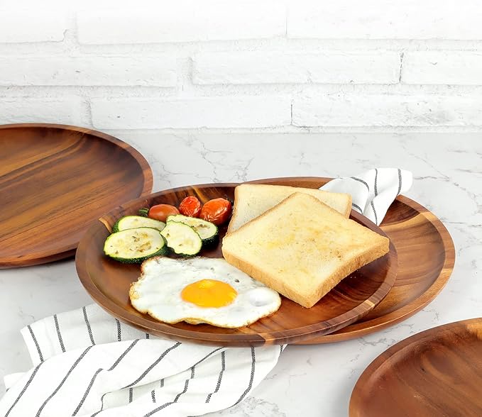 FANICHI Wooden plates (set of 4-11inch) Dinner Plates, Acacia Round Wood Plates, Unbreakable Classic Plates, Easy Cleaning & Lightweight for Dishes Snack, Dessert, Housewarming, Christmas Gift