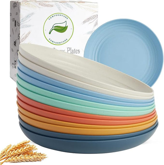 12PCS Unbreakable Dinner Plates, Dishwasher & Microwave Safe Plastic Plates Reusable, Lightweight Wheat Straw Plates for kitchen (Dopamine, 10 IN)